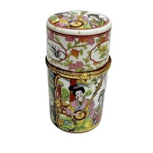 Yiwei Porcelain Chinese Trinket Box Geisha Music Hinged Multicolor Toothpick